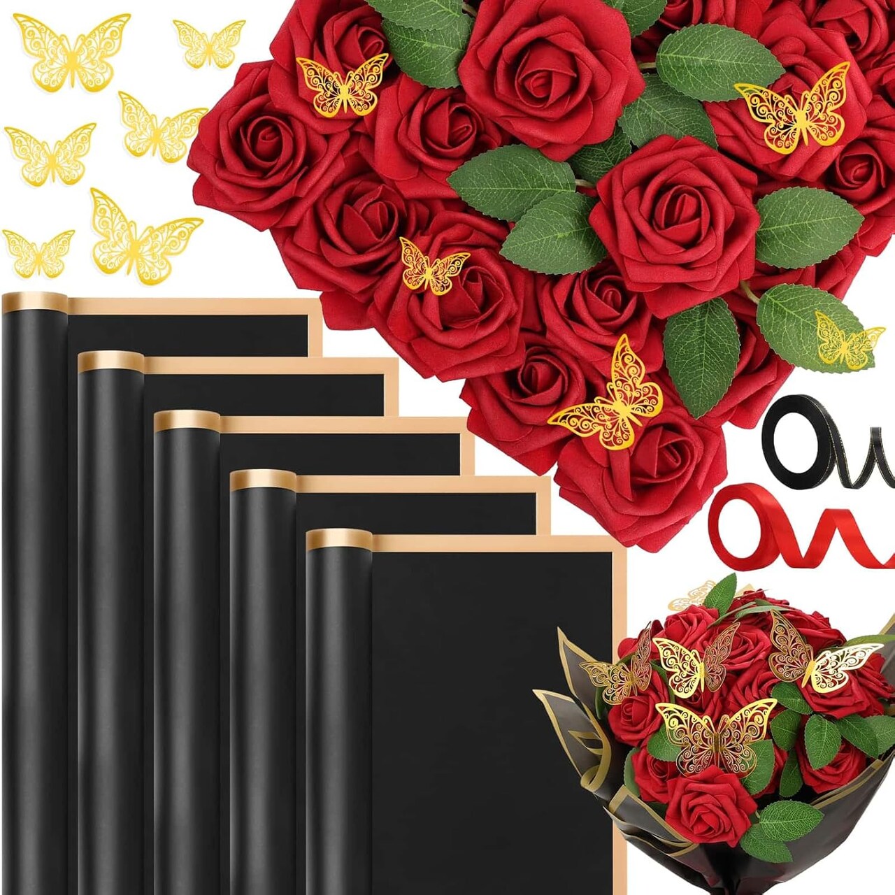 Bouquet Wrapping Paper with Artificial Foam Roses Red Flowers with Stems Gold Butterfly